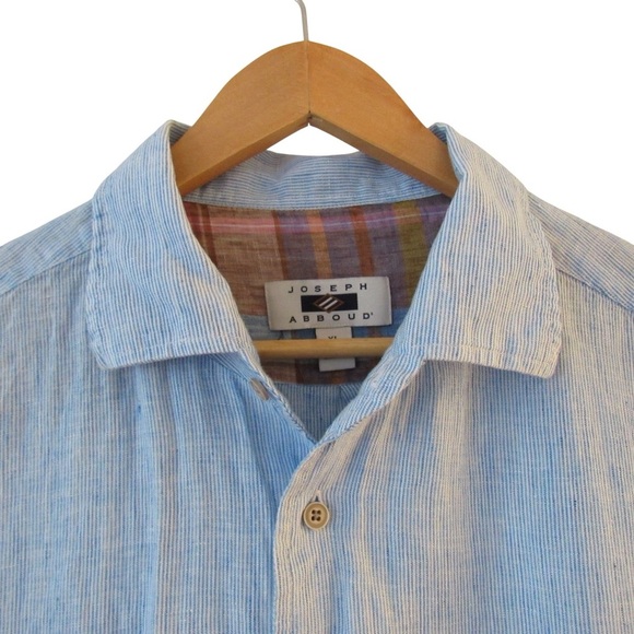 Joseph Abboud Mens Striped Linen Shirt XL Short Sleeves Light Blue Button Front - Picture 3 of 9
